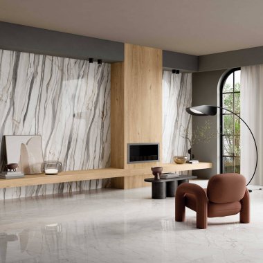 Beyaz duvar, tuğla desenli oturma odası içi, kahverengi kanepe, ahşap mobilya. 3B Hazırlama