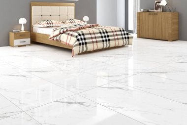 Bej yatak odası, rahat yatak odası, yastıklar ve yorgan, ahşap raf ve dolap, asılı lamba, muhteşem manzaraya açılan pencere, tahta kol koltuğu, parlak mermer döşeme. 3B Hazırlama