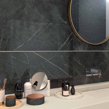 Siyah banyo içi kahverengi damarları olan gri mermer kaplı. 3B Hazırlama