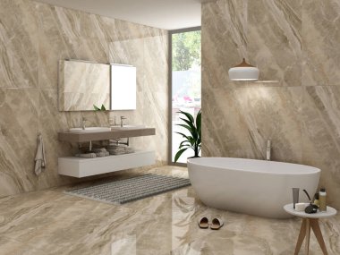 Müsrif banyo içi açık kahverengi mermer, beyaz banyo takımları için ahşap eşsiz raf, ve sofistike bir aydınlatma armatürü ve üzerine bir leğen ve büyük bir ayna. 3B Hazırlama