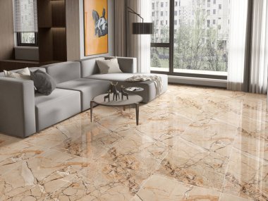 Lüks modern oturma odası içi gri mermer duvar ve zemin, ahşap masa posterleri, kitaplar ve mumlarla dolu. İç mekanın 3 boyutlu görüntüsü. 3B Hazırlama