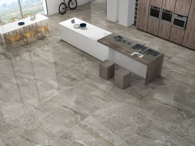 Beyaz mermer döşemeli lüks mutfak, gri mobilya rafları, gri duvarlar, ahşap mobilyalar, beyaz seramik tezgah. 3B Hazırlama