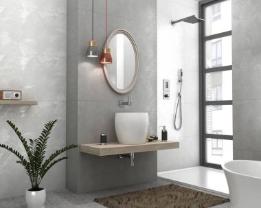 Gri mermer bir zemin, gri ve beyaz mermer bir duvar, beyaz bir banyo küveti, yanında tuvalet malzemeleri için küçük bir masa ve diğer eşyalar muhteşem bir banyo içinde bulunabilir. 3B Hazırlama