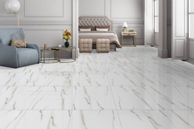 Lüks, modern, parlak iç mekânlar kanepe seti, diğer dekoratif eşyalar, mavi mermer döşemeler ve duvarlar. mokup illüstrasyon 3B Hazırlama