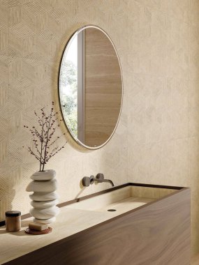 Lüks banyo içi, taştan bir banyonun üstünde bej bir leğen, el havluları ve dekoratif musluk. 3B Hazırlama