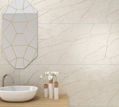 Şık banyo tasarımı. Mozaik fayanslarla dekore edilmiş modern lavabo kasesi. Hijyen ürünleri, havlular, saksı bitkisi, kahverengi mermer döşeme. 3B Hazırlama