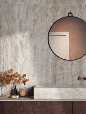 Banyonun içinde beyaz küvet ve banyo aksesuarlarıyla lavabo, yan görüş. Modern mobilyaları ve kırsal manzaralı minimalist bir oda. 3B Hazırlama