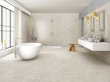 Lüks banyo, beyaz mermer duvarlar, fayanslı zemin, rahat küvet, ayna ve tuvalet ile yuvarlak lavabo ve yanında ahşap bank olan yatak odası. 3B Hazırlama