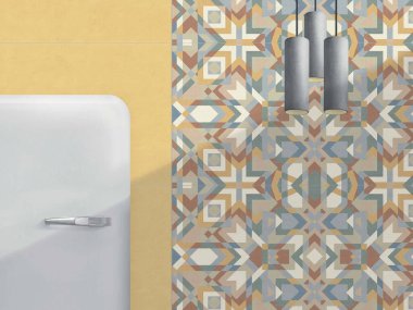 Lüks oturma odası mermer zemin, sarı duvar, gri asma lambalar. 3B Hazırlama