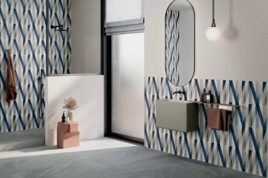 Modern banyo içi ahşap ve taş dekorasyon elementleri ve büyük pencere, duvarda ve yerde gri ve mavi mermer. Çağdaş tasarım ve spa rahatlama kavramı. 3B Hazırlama