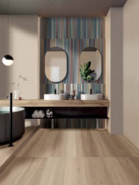 Modern banyo köşesinde gri mermer duvarlar, beton zemin, ahşap tezgah ve büyük aynalar üzerinde duran çift lavabo. Cam kapı duşu, beyaz küvet. 3B Hazırlama