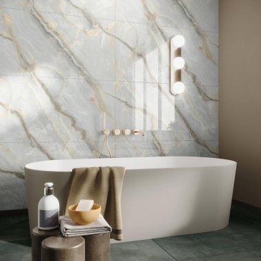 Modern banyonun köşesinde altın damarlı duvarları ve fayanslı zemini olan beyaz mermer, kar manzaralı büyük pencere, beyaz küvet ve dikey aynalı beyaz taştan çift lavabo. 3B Hazırlama