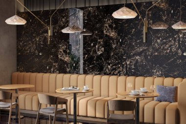 Siyah mermer duvarları, turuncu ambiyansı, ahşap masaları, asılı lambaları olan lüks bir kafe. 3B Hazırlama