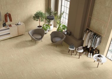 Zeminde parlak mermer, beyaz duvarlar, şık kıyafetler, çantalar ve ayakkabılar olan lüks bir iç dizayn. 3B Hazırlama