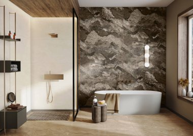 Beyaz mermer duvarlı modern banyo, çift aynalı mermer leğenler, küvet, açık hava banyosu ve ahşap zemin. Modern mobilyalı minimalist banyo. 3B Hazırlama