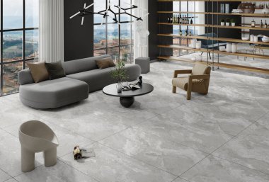 Modern kanepe, ahşap konsol, küp, sehpa, lamba, bitki, poster çerçevesi, yastıklar, ekose dekorasyon ve ev dekorasyonunda zarif aksesuarlarla oturma odasının şık iç tasarımı. 3B Hazırlama