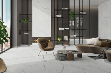 Büyük gri modüler kanepesi, panoramik pencereleri ve palmiye ağaçları olan modern beyaz minimalist oturma odası. Televizyon duvarı maketi. Ön manzara, güneş ışığı. Üç boyutlu görüntüleme. Yüksek kalite