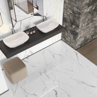 Modern banyo, gri mermer duvarlar, beton zemin, üzerinde oyuk olan rahat beyaz küvet ve kozmetik ürünlerle dolu raflar. Bulanık şehir manzaralı pencereler. 3B Hazırlama