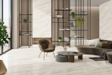 Lüks oturma odası mermer zemin, gri seramik duvar, gri asılı lambalar. 3B Hazırlama