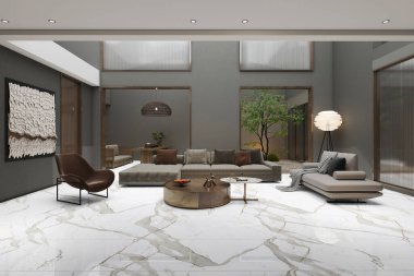 Oturma odasının iç kısımları beyaz ve kahverengi renklerde. Koyu ahşap zeminlerin üzerinde tek bir kanepe var. Taş şömineye bakan, dahili raflar. 3B Hazırlama