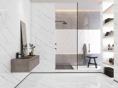 Beyaz mermer duvarlı modern banyo, çift aynalı mermer leğenler, küvet, açık hava banyosu ve ahşap zemin. Modern mobilyalı minimalist banyo. 3B Hazırlama