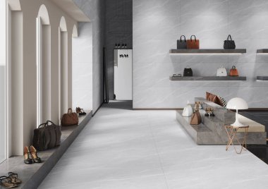 Beyaz ve gri duvarları, beyaz mermer zemini ve eşsiz koleksiyonu olan lüks bir butik. 3B Hazırlama