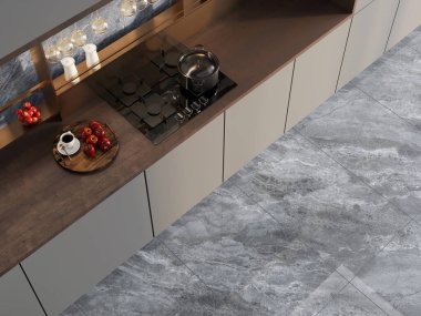 Kahverengi mermer tezgahlı lüks mutfak, çiçek dizayn edilmiş mermer duvarlar, parlak seramik zemin. 3B Hazırlama