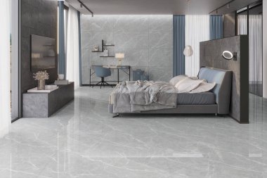 Lüks yatak odası, rahat beyaz yatak odası, ahşap mobilyalar, güzel manzaraya açılan pencere duvarı, gri duvar, bej ve gri mermer zemin. 3B Hazırlama