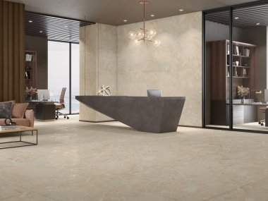 Kafası beyaz bir bilgisayar, klasik bir deri koltuk, ahşap bir ofis masası, gri bir kanepe ve bekleme odasında siyah bir sehpa. 3B Hazırlama