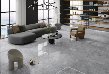 İçinde kanepe, mermer sehpa, kurutulmuş çiçekler, özel lamba ve mermerden yapılmış beyaz döşeme taşları olan modern oturma odasının köşesi. Model yap. 3B Hazırlama