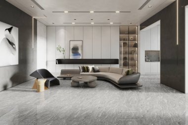 Duvarında parlak mermer olan zarif bir yaşam alanı, uzun gri bir kanepe, kanepenin önünde bir sehpa, aksesuarlar için bir raf ve tasarımı tamamlamak için dekoratif ışıklar. 3B Hazırlama