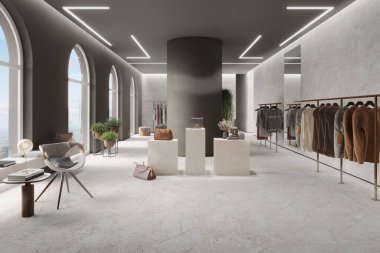 Interior of a fashionable clothing boutique full of an assortment of bags and accessories on display. 3D Rendering clipart