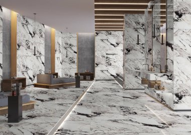 Ahşap masa ve ahşap zeminde sandalyeler olan bir çalışma odası. Dekorasyonu ve yemekleri olan şık bir oturma odası. 3B Hazırlama