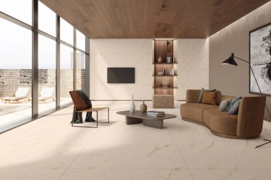 Parlak oturma odasının içi panoramik pencereli kırsal manzaralı, büyük kanepe, koltuk, sehpa, lamba ve ahşap parke zemin. Soğukluk için minimalist tasarım kavramı. 3d oluşturma