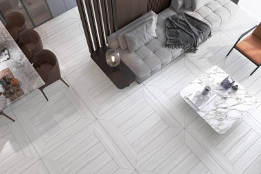 Kahverengi mermer duvarlı modern oturma odası iç tasarımı ve seramik kahve masası, kitaplar ve dekorasyon malzemeleri, duvarda boş poster, gri kanepe, beyaz seramik zemin, seramik yemek masası. 3B Hazırlama