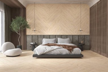 Elegant bedroom with art, golden lamps and stylish wooden bed with velvet, ocher colored headboard, beige marble flooring and walls, wooden furniture, beautiful plant aside. 3D Rendering clipart