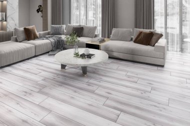 Oturma odasının içinde gri ve beyaz renklerde gri kanepe, koyu ahşap zeminin üstünde taş şömineye bakan, içine yerleştirilmiş raflar, beyaz seramik kahve masası ve kitap rafları var. 3B Hazırlama