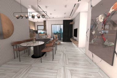 Yemek masası ve sandalyeli modern oda tasarımı, gri mermer döşeme ve gri dekoratif alçı duvar, asılı lamba, kafe konsepti, yemek odasının arka planı, avize. 3B Hazırlama