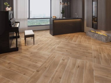 Ahşap duvarlı ve zeminli zarif bir oturma odası iç tasarımı, modern bej kanepe seti, ortada cam sehpa, yeşil saksı ve şık aksesuarlar. Okaliptüs duvarı. Modelleme. 3B Hazırlama