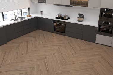 Modern mutfağın içinde beyaz mermer duvarlar, mermer tezgahlar lavabo, tencere ve ahşap ada, kahverengi mermer döşeme, sandalyeli ahşap yemek masası. 3D Illustration. 3B Hazırlama