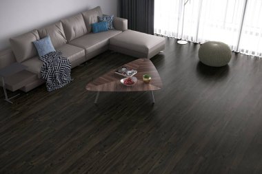 Lüks oturma odasının içi koyu ahşap desenli mermer döşeme, gri kanepe ve sandalye, ortada ahşap mobilya ve sehpa, gri perdeler ve beyaz perdeler. 3B görüntüleme