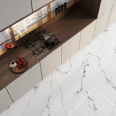 Lüks mutfak, beyaz mermer duvar, ahşap seramik tezgah, gerekli aletler. 3B Hazırlama