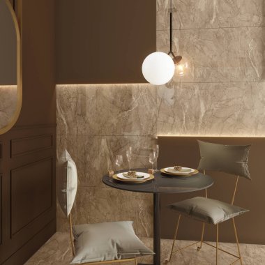 Lüks kafe bekleme salonu. Gri zemin, ahşap masa ve sandalyeler. 3B Hazırlama