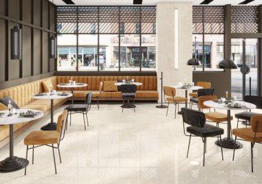 Restoranın içi lüks, fotokopi odası. Rahat modern yemek yeri, çağdaş tasarım arka planı, beyaz mermer zemin. 3B Hazırlama