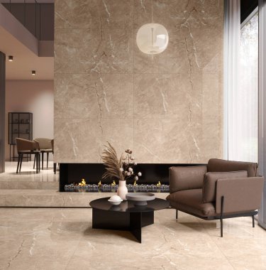 Beyaz oturma odasının içinde mavi kanepe ve dekorasyonlu ahşap çekmece arka planda konferans odası, beyaz mermer zemin. Tropik bölgelerde panoramik pencere. Posteri düzenle. 3B Hazırlama