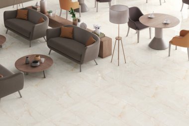 Modern ve şık restoran iç mimarisi, göz alıcı ahşap masa, zarif sandalyeler ve tasarım dekorasyonu. Şablon. Gri ve beyaz arka plan duvarı. Minimalist iç tasarım konsepti. 3B Hazırlama