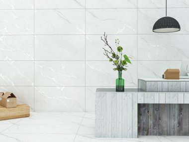 Şatafatlı bir iç tasarım modern resepsiyonlu beyaz mermer tezgah, gri mermer duvar, ışıklı lüks tavan, mermer zemin. 3 boyutlu illüstrasyon. 3B Hazırlama