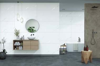 Lüks, parlak mermer bir banyo, beyaz bir küvet, oturma tezgahı, gri duvarda resim çerçeveleri, tuvalet malzemeleri için küçük ahşap bir masa, yerde ve duvarda mavi mermer, seramik leğen. 3B Hazırlama