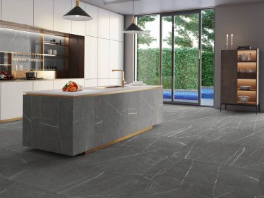 Beyaz ve gri mermer şelale adalı, ahşap zeminli, koyu ahşap dolaplı ve paslanmaz çelik aletli yeni lüks evdeki mutfak. 3B Hazırlama