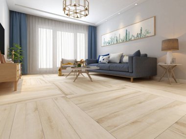 Lüks ve rahat bir yaşam alanı, beyaz mermer, beyaz bir halı, beyaz bir kanepe ve kahve masası, ve parlak bir aydınlatma. 3B Hazırlama